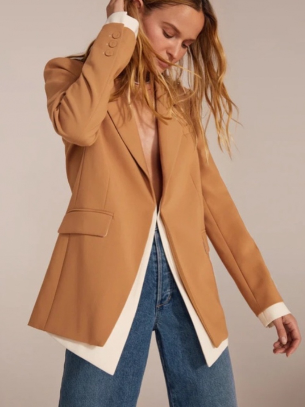 Favorite Daughter Kelly Contrast Layered Blazer In Camel & White Trim NWOT XL